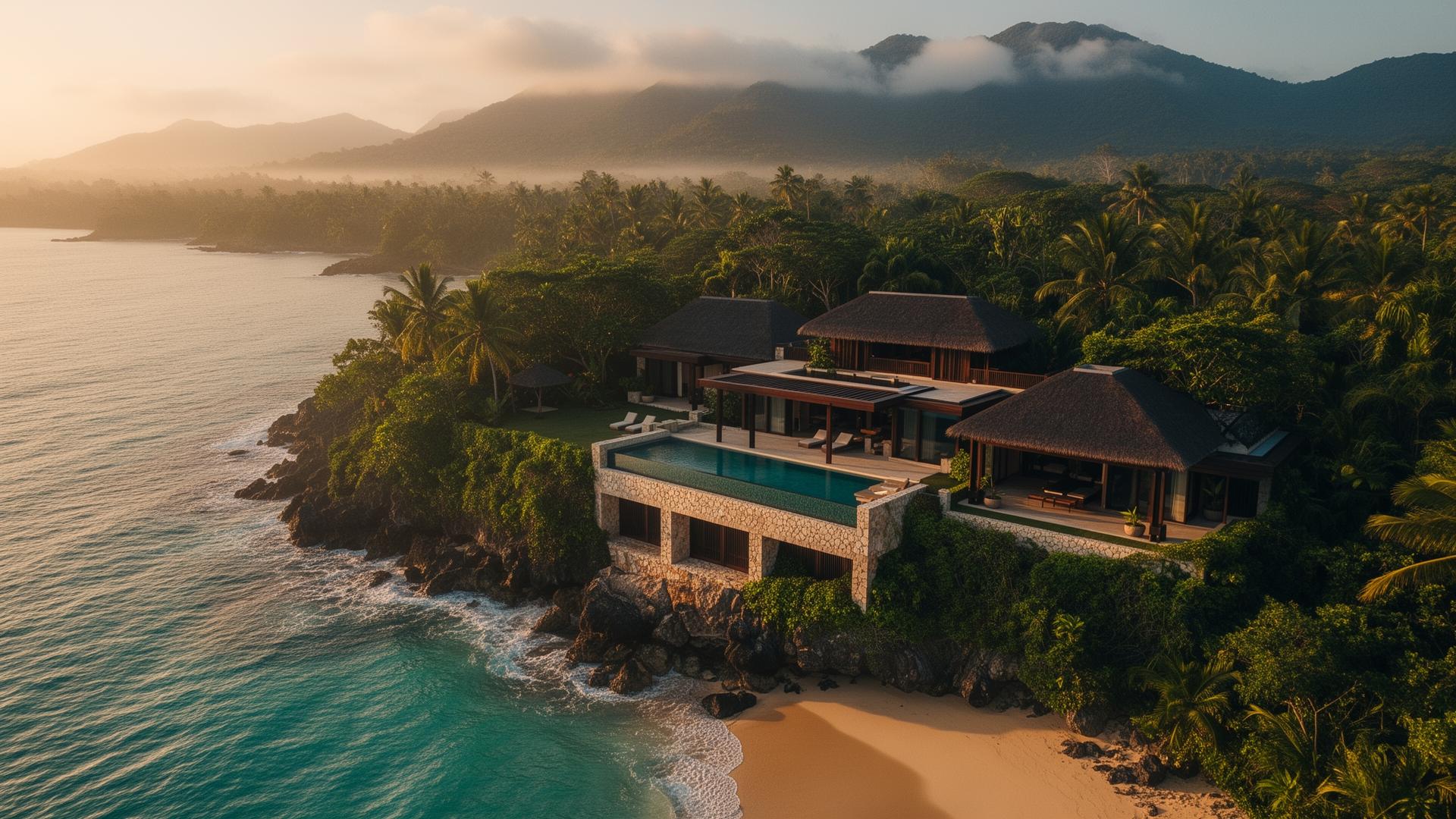 Aerial view of a tropical luxury villa overlooking the Caribbean